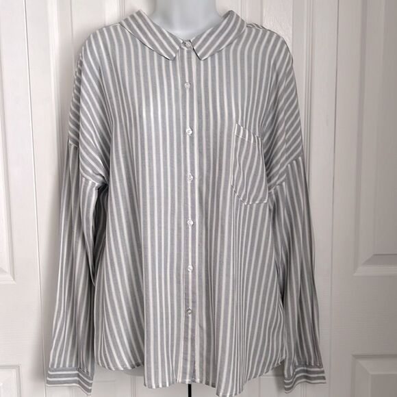 Coffee‎ Bean Grey/ White Striped Button Up Shirt Top Size M - Picture 1 of 11